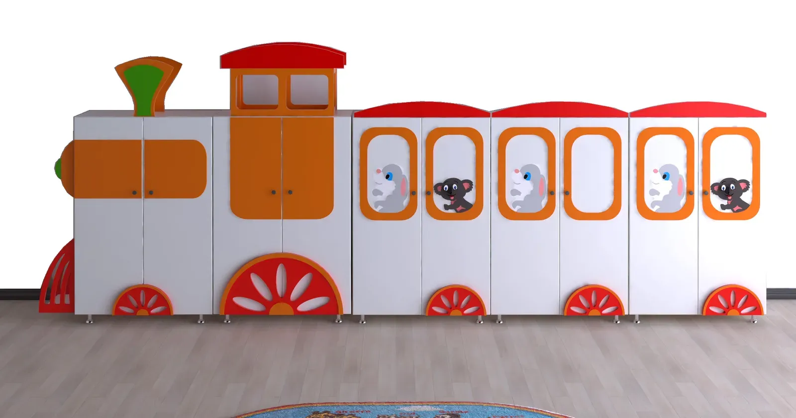 Tren figürlü anaokulu dolap grubunda gövde ve kapak kaplaması