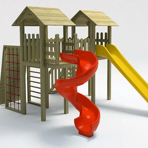 Spiral Kaydıraklı Çift Kuleli Ahşap Oyun Parkı — Ahşap Oyun Parkları