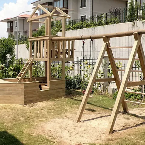 Kum Havuzlu Salıncaklı Ahşap Oyun Parkı — Ahşap Oyun Parkları