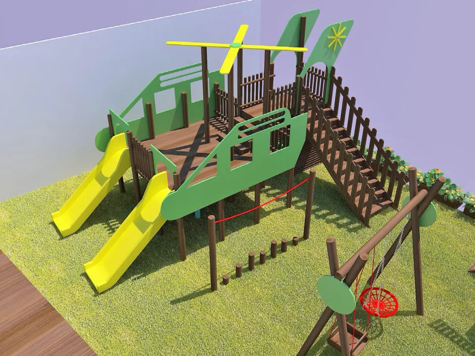 Yeşil Helikopter Temalı Ahşap Oyun Parkı — Ürün