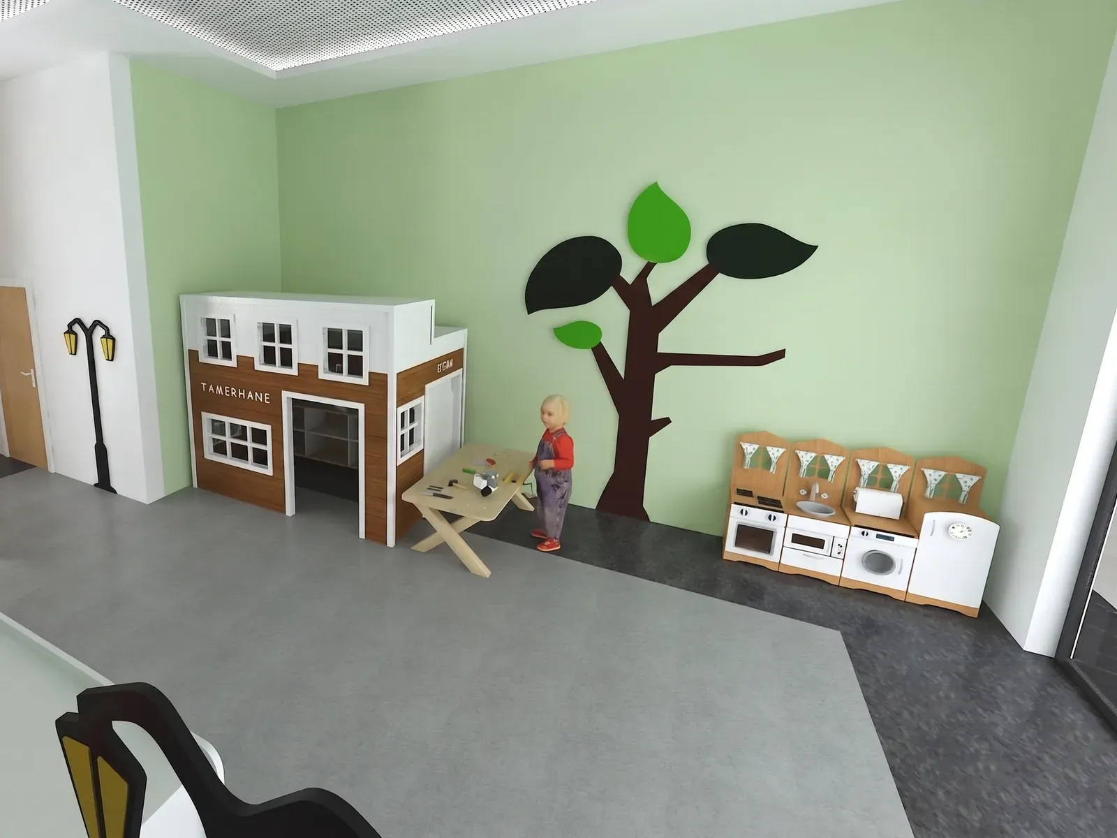 Ahşap oyun evi, ağaç figürlü duvar ve piknik masasıyla anaokulu etkinlik alanı