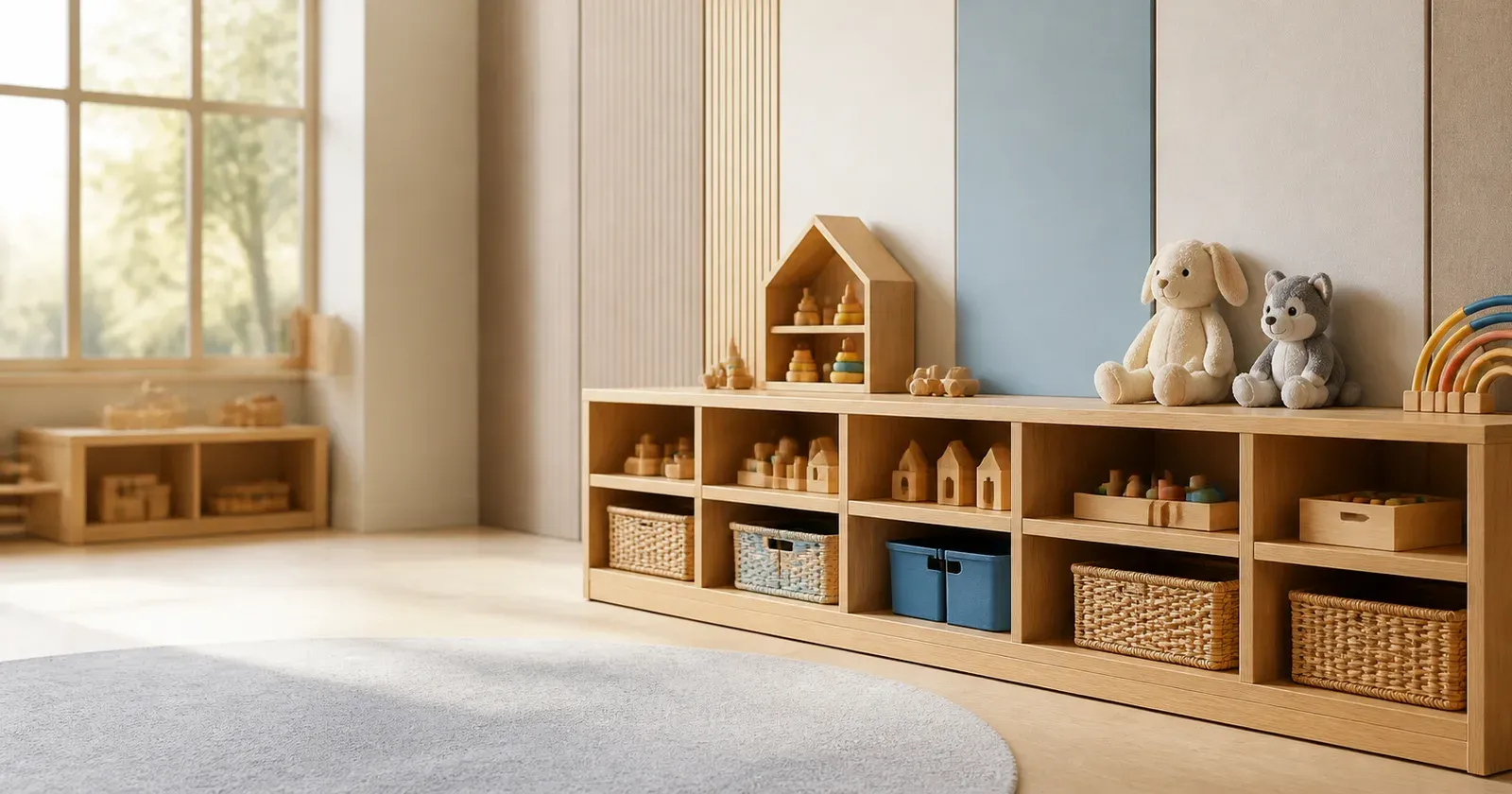 Montessori sınıfında çocuğun kendi ulaşabildiği açık raf ve sepetli saklama düzeni