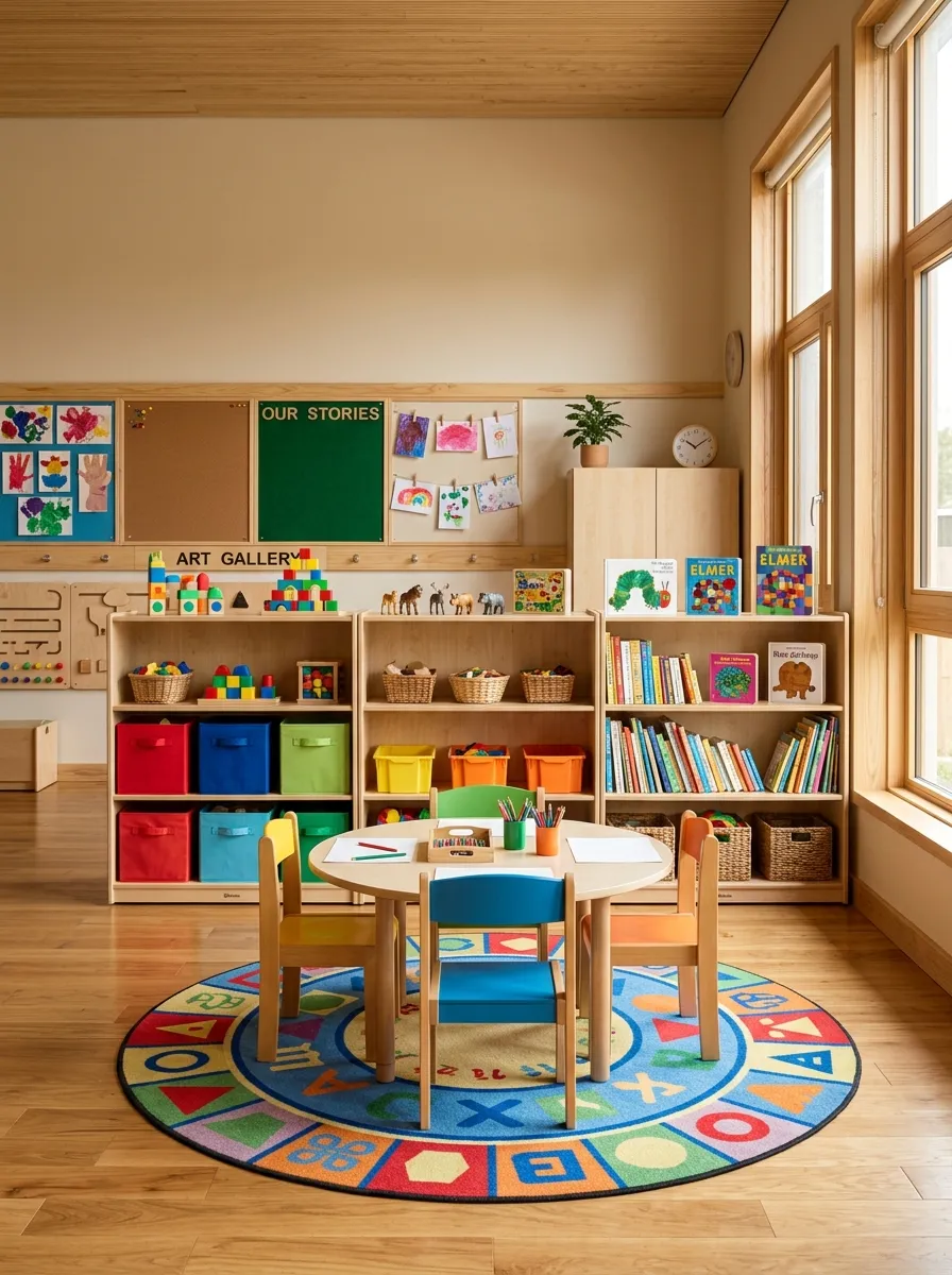 Doğal ahşap masa, sandalye ve dolap sistemleriyle döşenmiş modern anaokulu sınıfı
