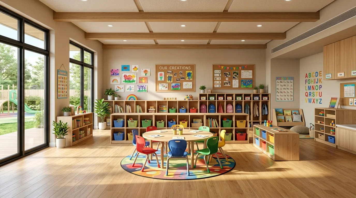 Doğal ahşap mobilyalar ve Montessori dolap sistemleri bulunan ferah anaokulu sınıfı